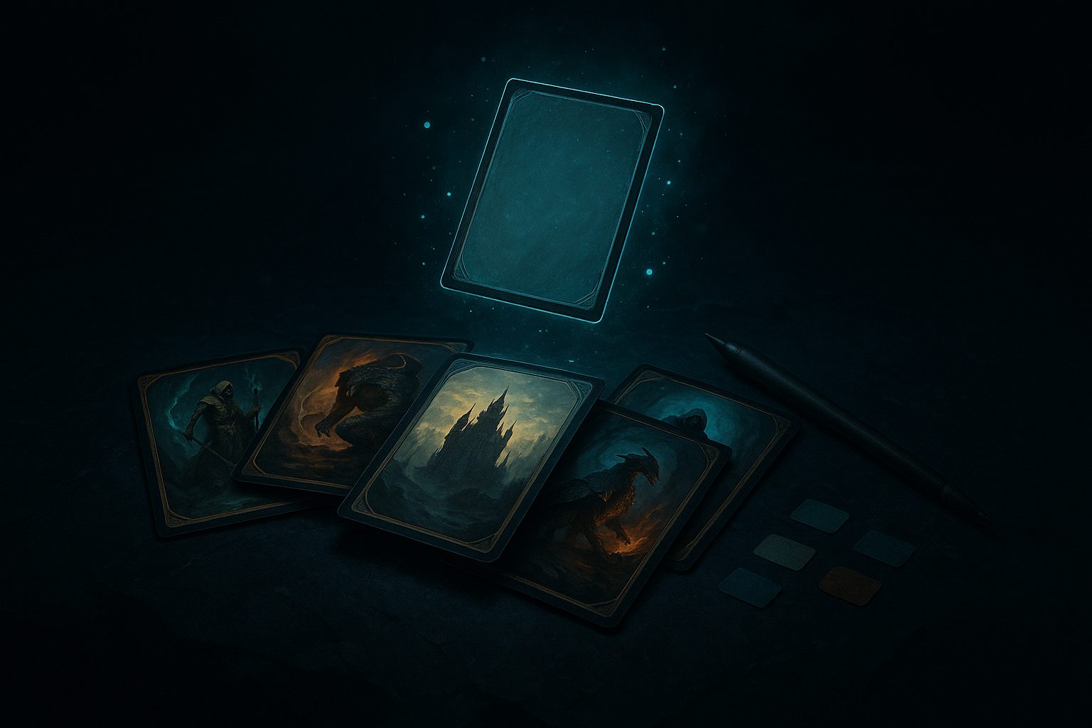 Fantasy trading cards fanned across a dark table, one card glowing
