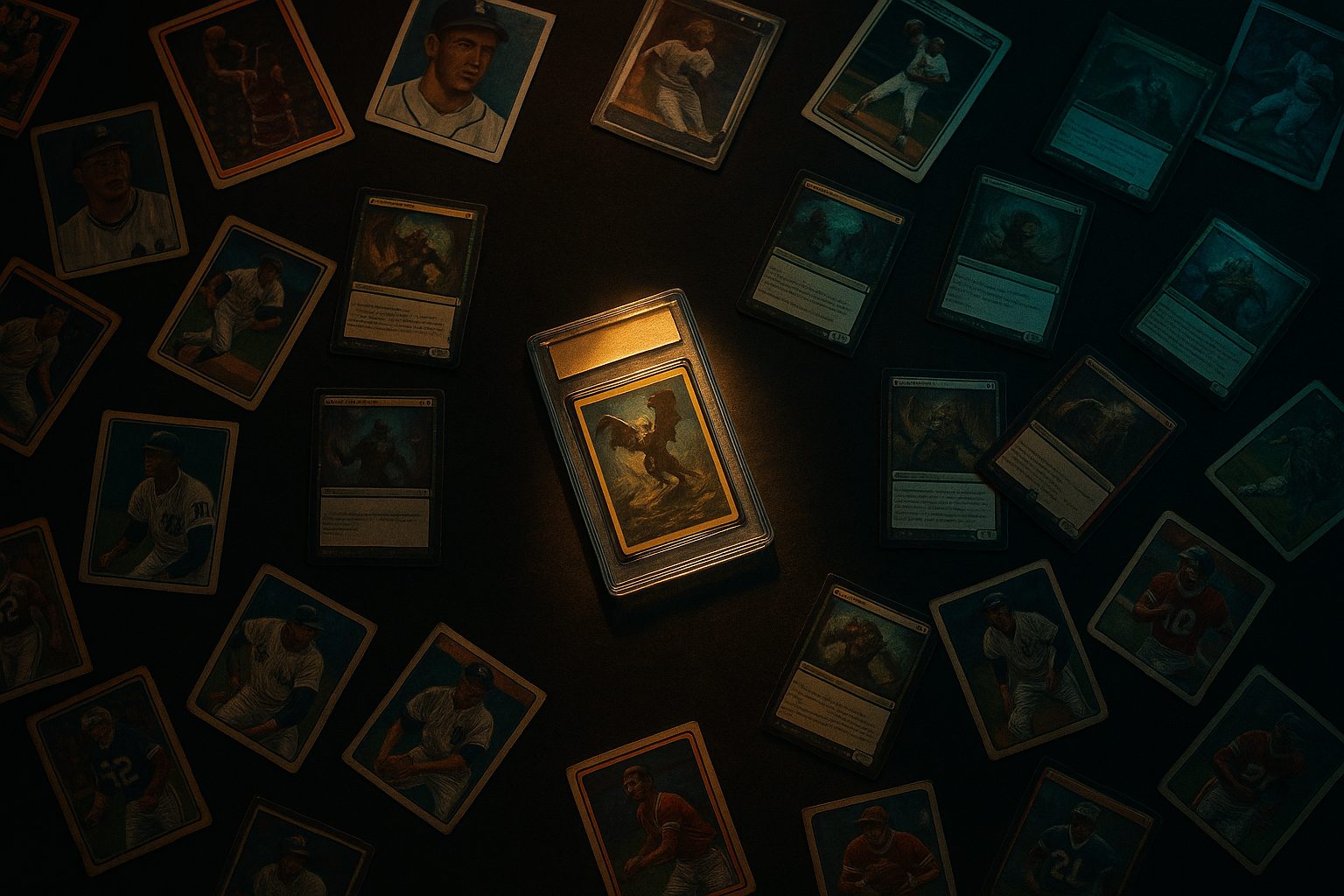 A desk of sports cards, game cards, and one graded slab