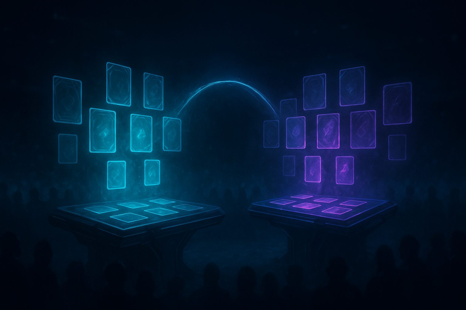Two holographic card game boards connected by energy