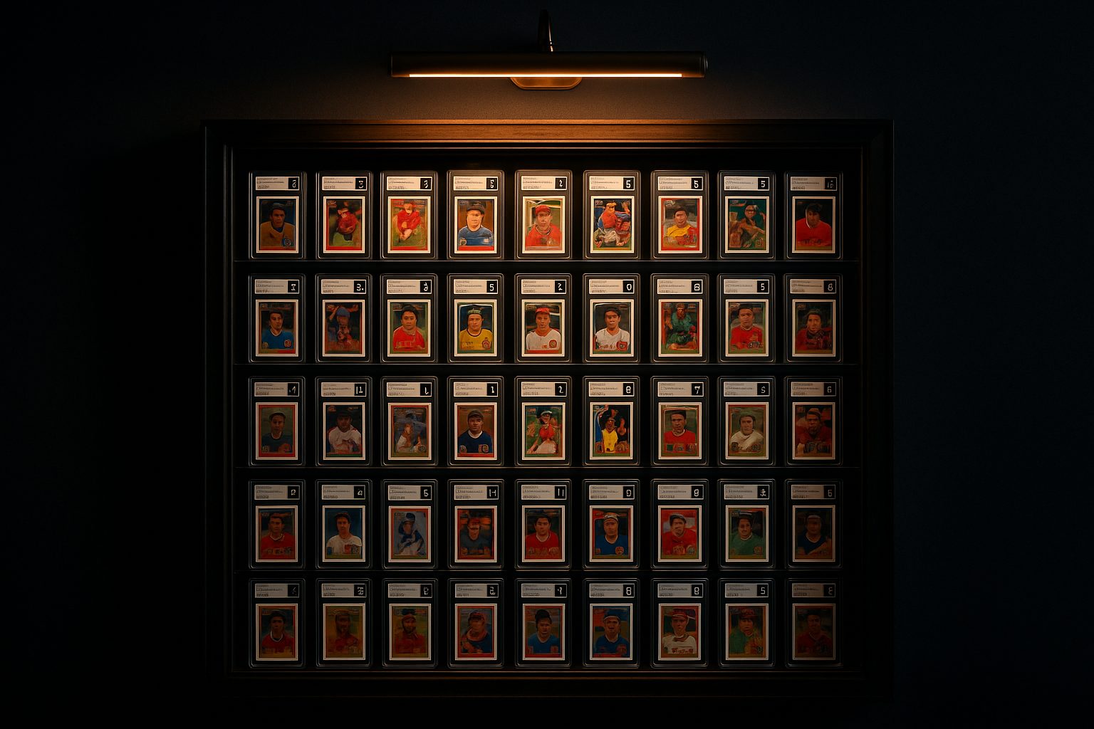 A wall-mounted display case full of graded card slabs